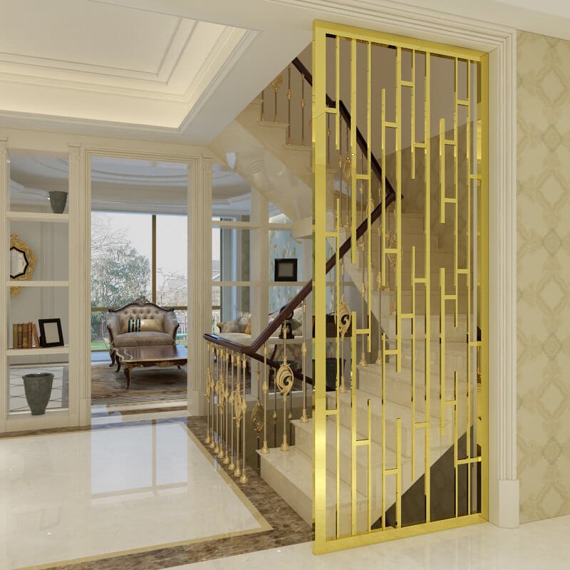 Vách ngăn cầu thang phong thủy bằng inox mạ vàng